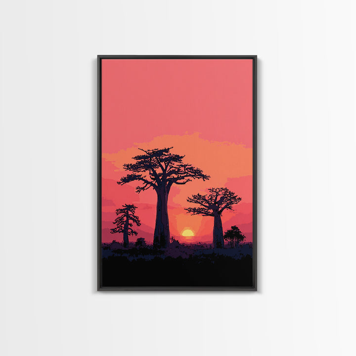 Pink Sunset Baobab Grove Silhouette Canvas Print, Madagascar Wall Art Decor, African Landscape Poster, Modern Safari Home Decor