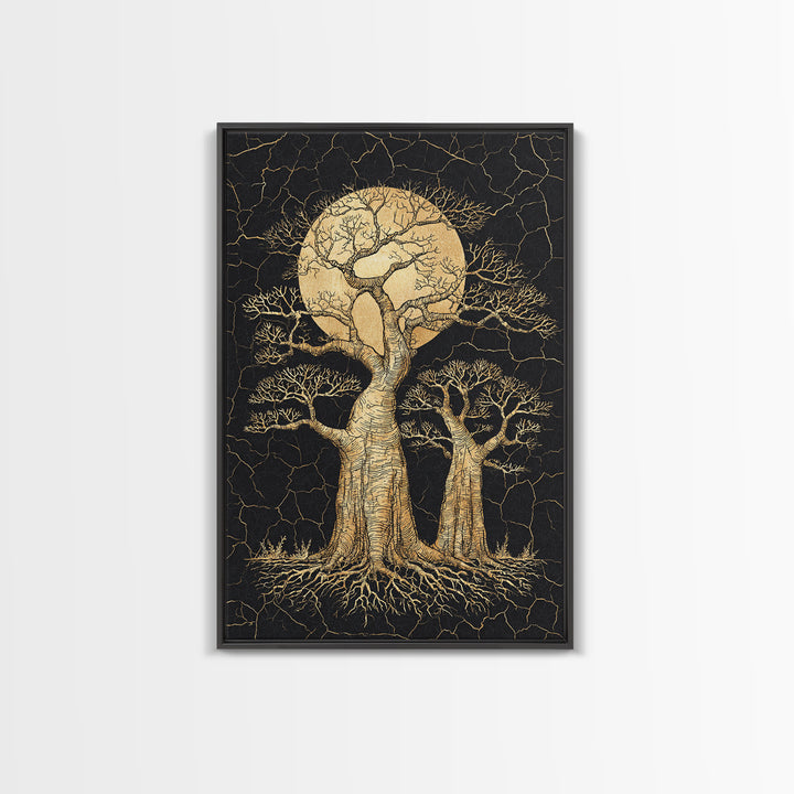 Golden Baobab Moon Tree Wall Art, African Landscape, Black And Gold Decor, Motherland Nature Canvas, Boho Safari Gift, Statement Piece