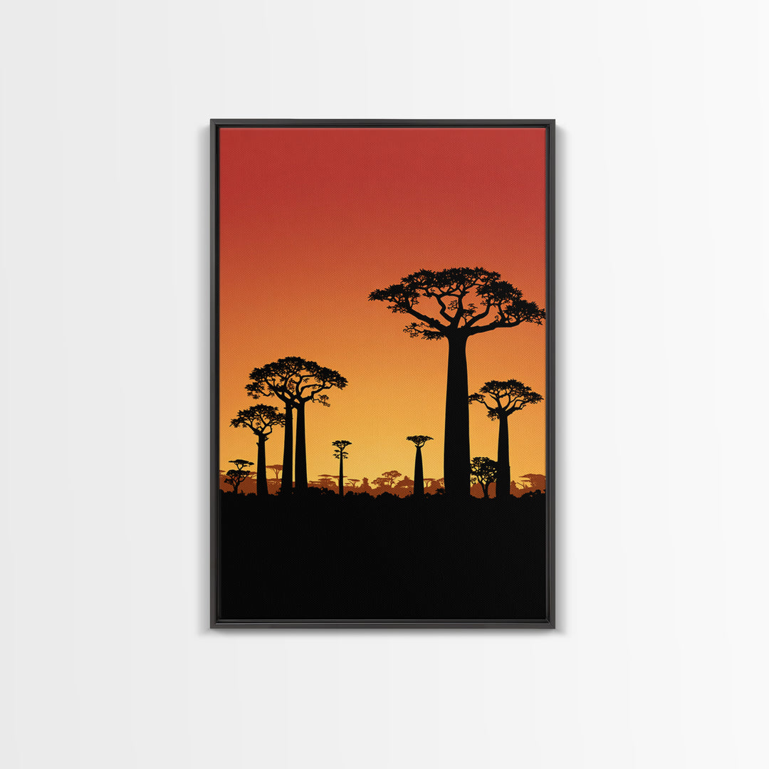 Sunset Baobab Grove Canvas Print, African Safari Landscape, Orange Sky Wall Decor, Madagascar Nature Art, Boho Home Gift