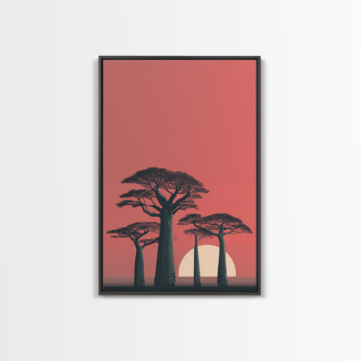 Minimalist Pink Baobab Sunset Canvas Print, African Landscape Wall Decor, Modern Safari Poster, Boho Bedroom Art Gift For Her