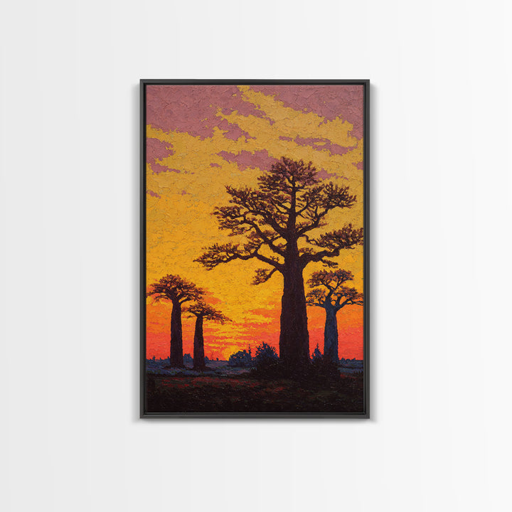 Textured Baobab Sunset Wall Art, African Landscape Painting, Orange Impasto Canvas Print, Safari Decor, Unique Home Gift