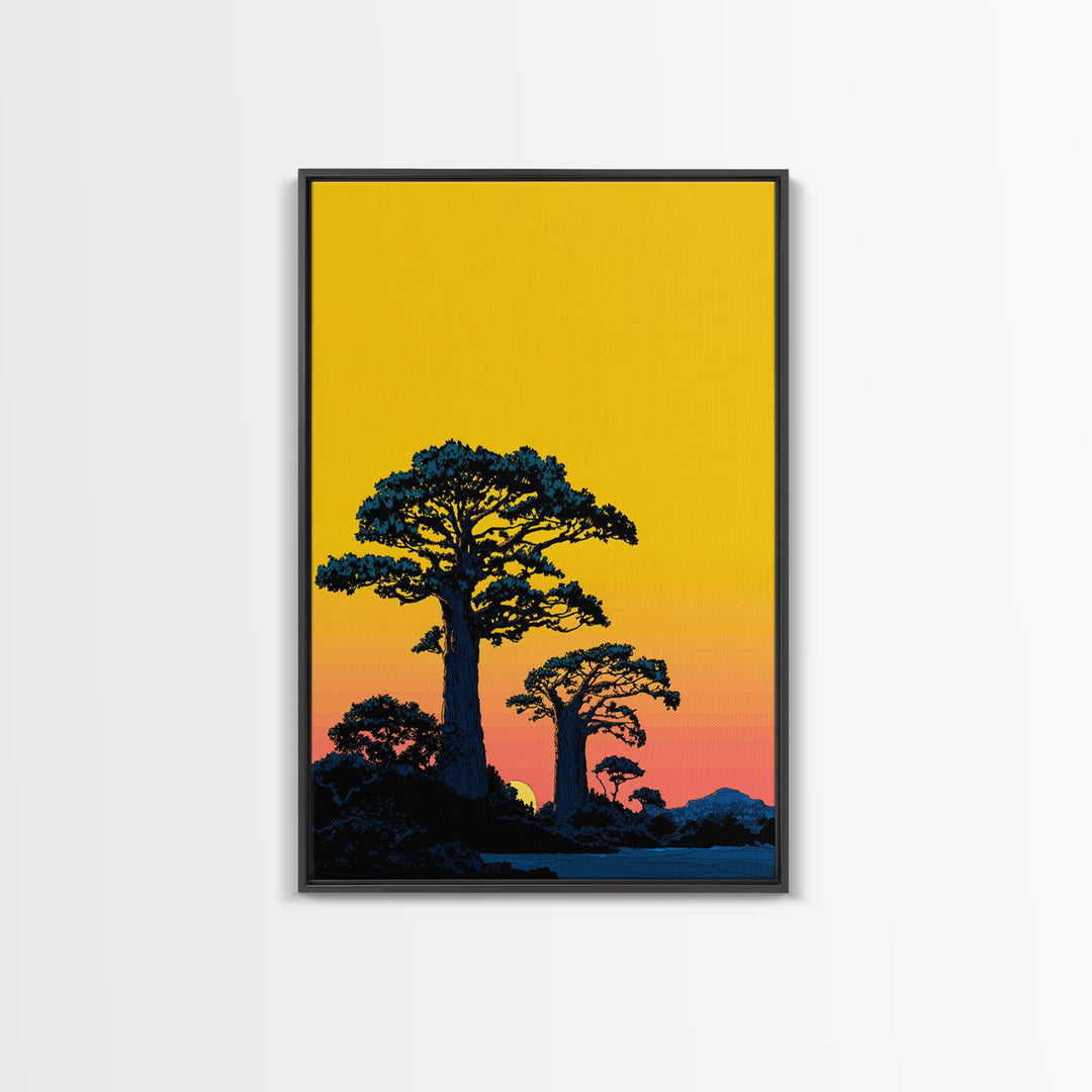 Yellow Sky Baobab Silhouette Canvas Print, African Landscape Wall Decor, Madagascar Sunset Poster, Bold Safari Art Gift Idea