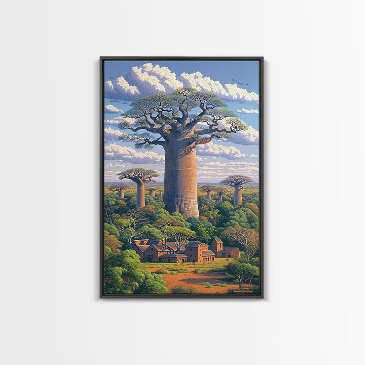 Village Beneath Giant Baobab Wall Art, African Landscape, Madagascar Print, African Home Decor, Large Living Room Art Gift