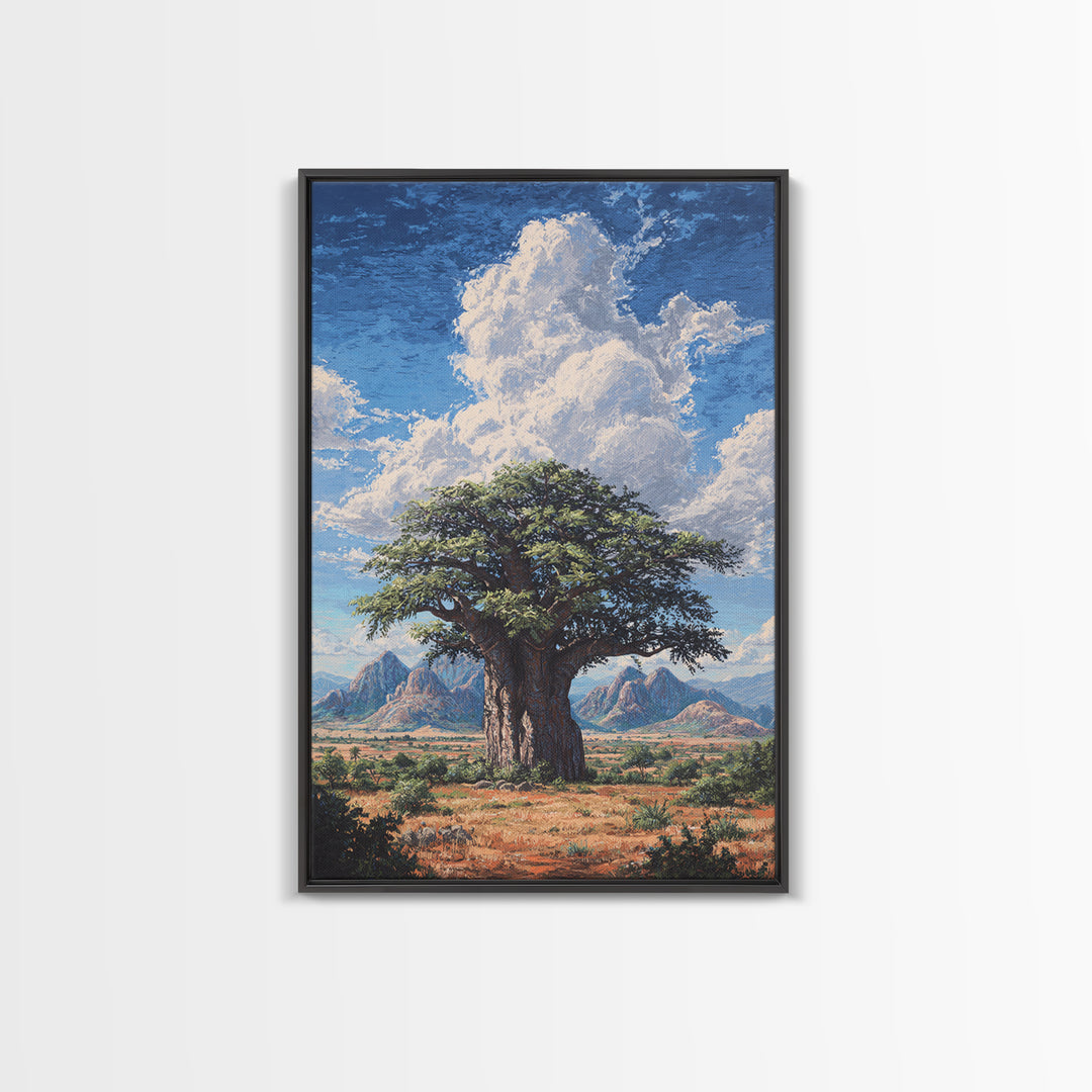 Ancient Baobab Under Towering Clouds Wall Art, African Safari Art, Desert Landscape Painting, Nature Scene Home Decor Gift