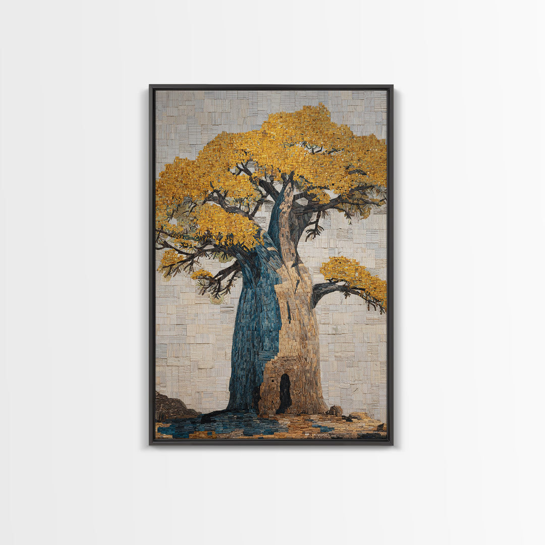 Blue And Gold Baobab Mosaic Framed Canvas Print, African Art Decor, Bold Artwork, Cultural Wall Decor, Statement Piece For Living Room