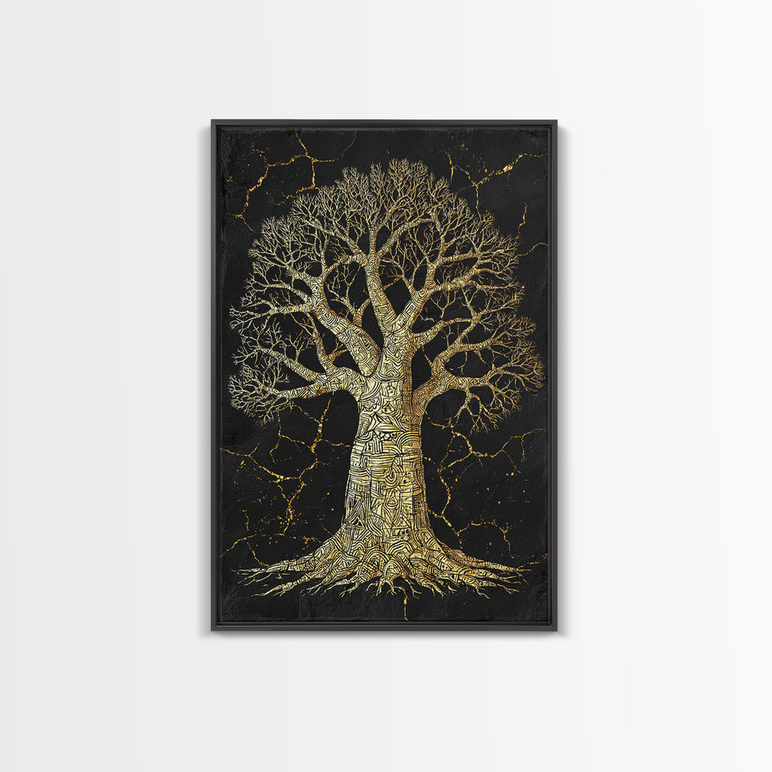 Golden Baobab Tree On Black Stone Wall Art, African Tree Print, Earth Tone Decor, Spiritual Nature Canvas For Living Room