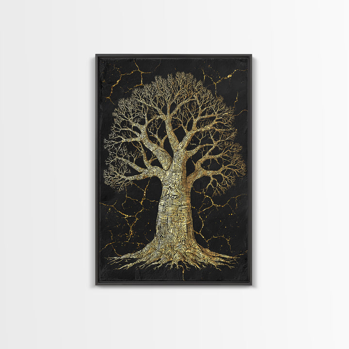 Golden Baobab Tree On Black Stone Wall Art, African Tree Print, Earth Tone Decor, Spiritual Nature Canvas For Living Room