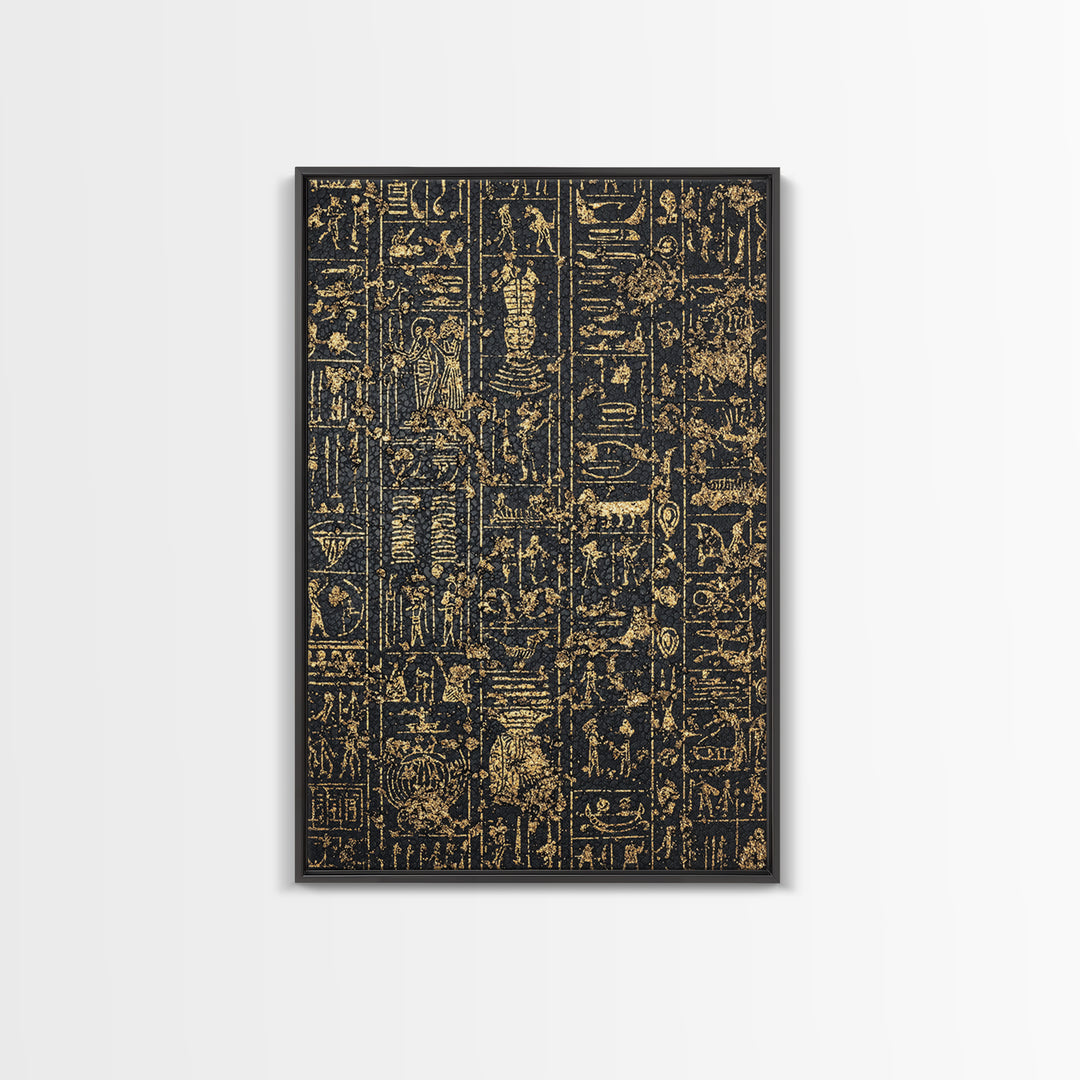 Gold Egyptian Hieroglyph Panels Wall Art, Ancient African Art Print, Black And Gold Canvas, Museum Style Home Decor Gift
