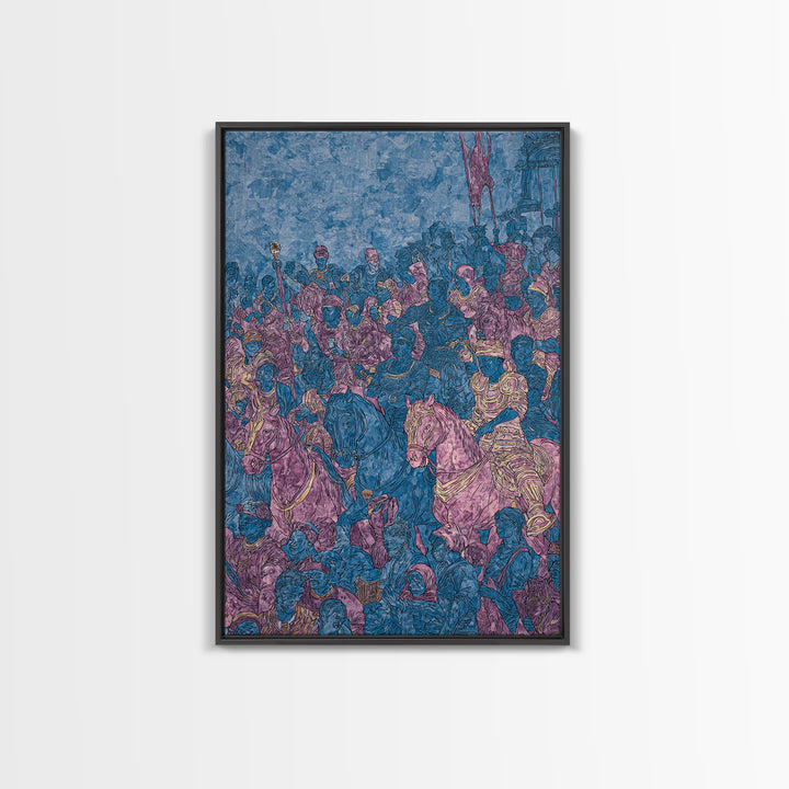 Purple Blue African Cavalry Battle Canvas Print, Warrior Procession Art, Historic Tribal Scene, Bold Statement Wall Decor