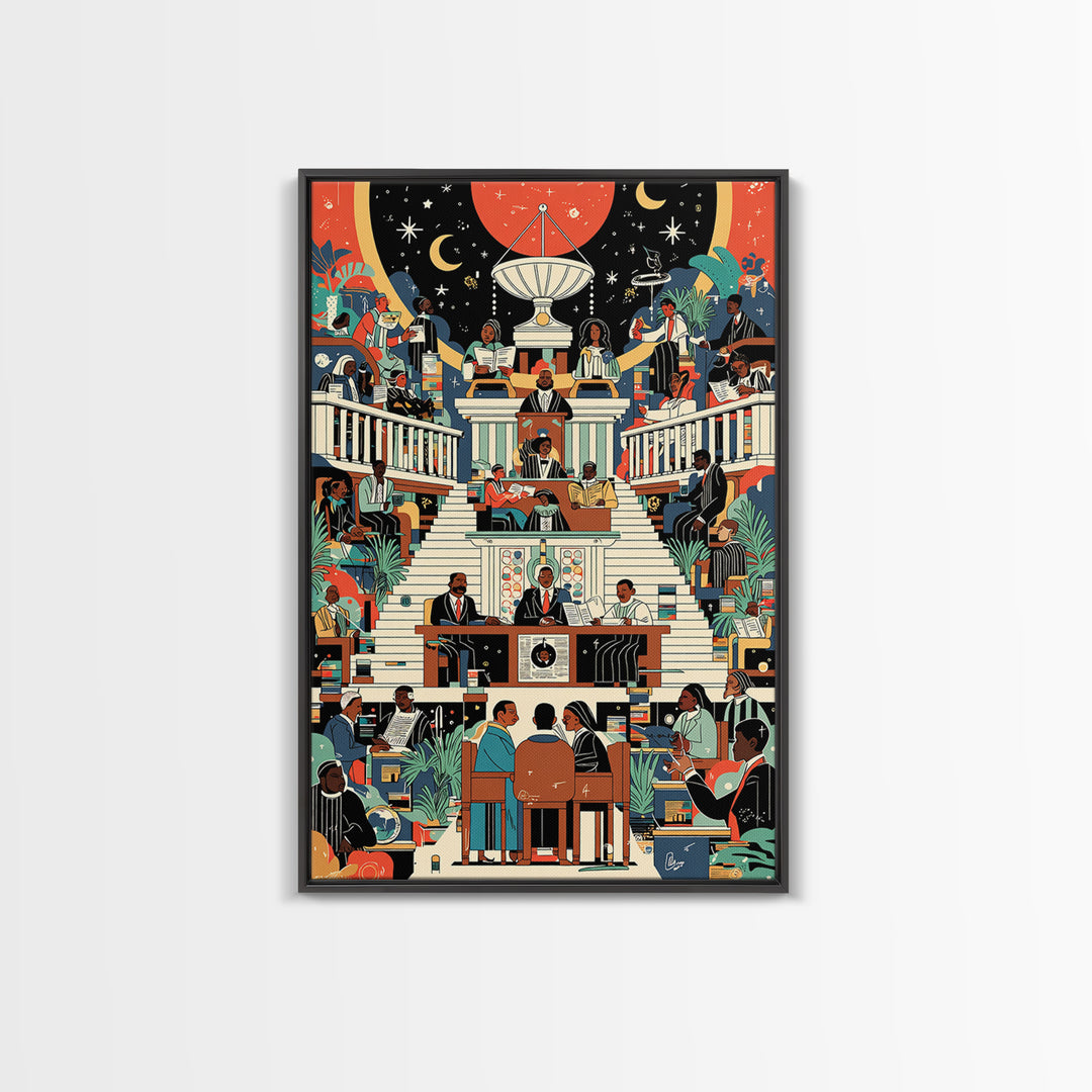 Afrofuturist Civic Assembly Wall Art, Black Culture Illustration, Modern African Decor, Colorful Statement Canvas Print Gift