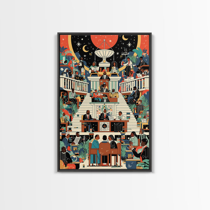 Afrofuturist Civic Assembly Wall Art, Black Culture Illustration, Modern African Decor, Colorful Statement Canvas Print Gift