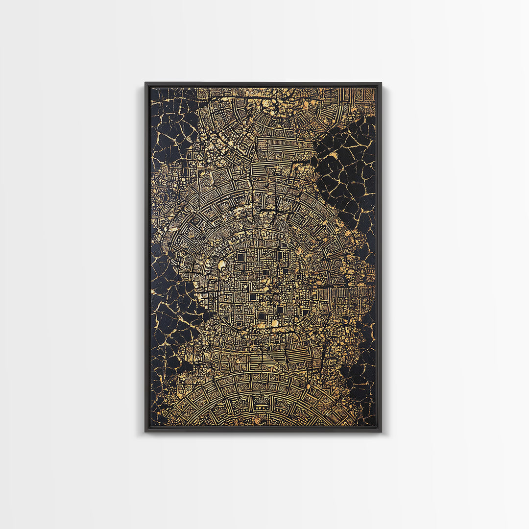 Gold Abstract African City Map Canvas Print, Geometric Tribal Pattern, Black And Gold Wall Art, Modern Office Decor Gift
