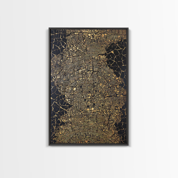 Gold Abstract African City Map Canvas Print, Geometric Tribal Pattern, Black And Gold Wall Art, Modern Office Decor Gift