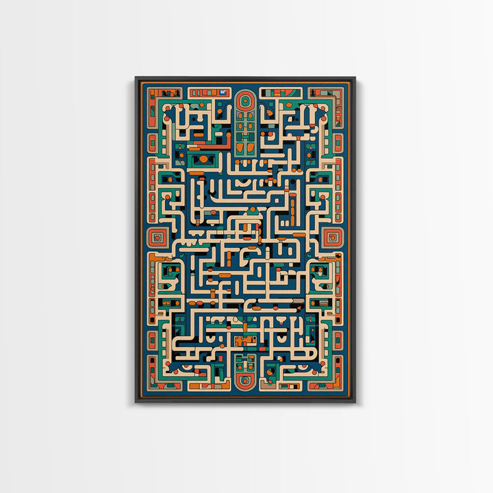 Teal Orange Geometric Maze Glyph Wall Art, African Abstract Pattern, Tribal Art Print, Afrocentric Decor For Living Room