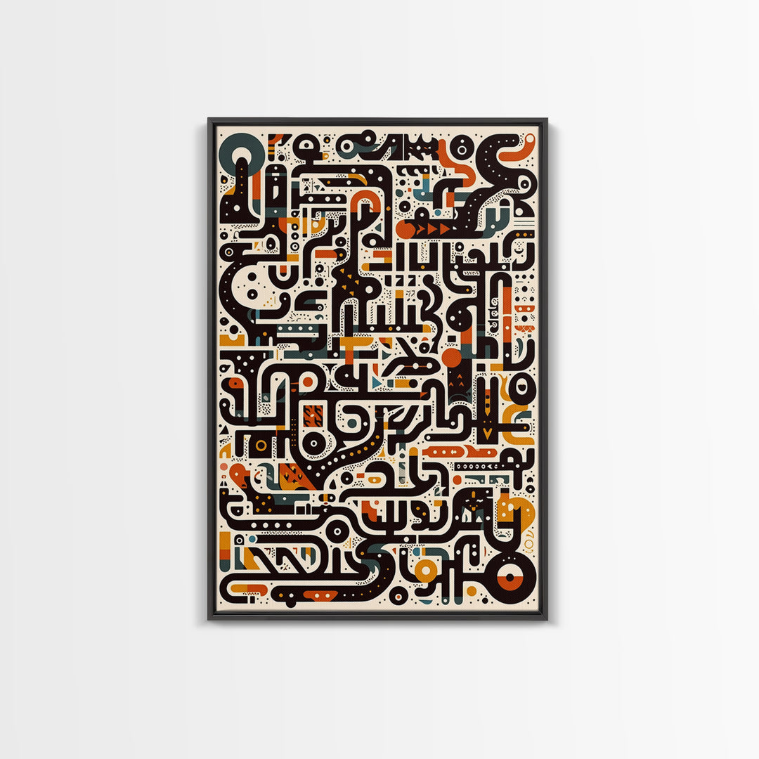 Ivory Black Orange Labyrinth Glyph Wall Art, Modern African Art Abstract, Boho Tribal Decor, Geometric Canvas Print For Home Decor