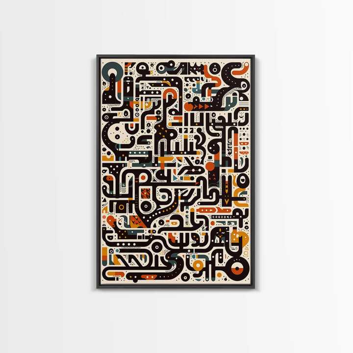 Ivory Black Orange Labyrinth Glyph Wall Art, Modern African Art Abstract, Boho Tribal Decor, Geometric Canvas Print For Home Decor