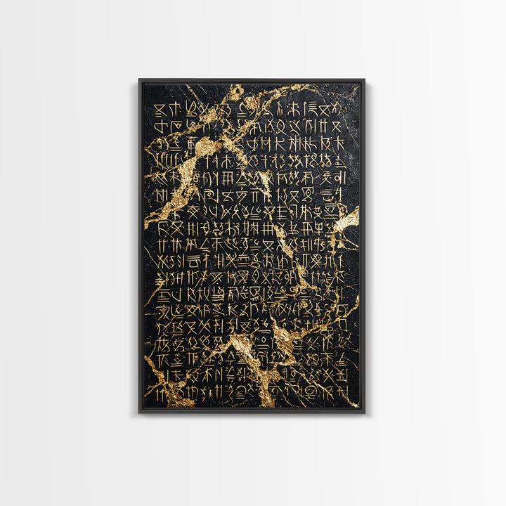 Black Marble Gold Script Wall Art, Ancient African Inspired Symbols, Luxury Abstract Canvas Print, Spiritual Home Decor Gift