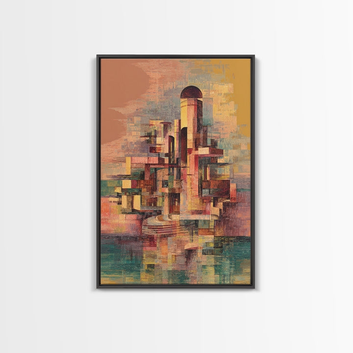 Abstract Futurist Tower City Canvas Print, Modern Geometric Architecture Art, Terracotta Teal Statement Wall Decor Gift For Him