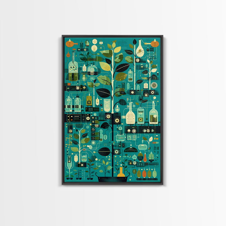 Botanical Science Laboratory Wall Art, Teal Green Plant Illustration, Modern Digital Art For Office Decor And Unique Gift