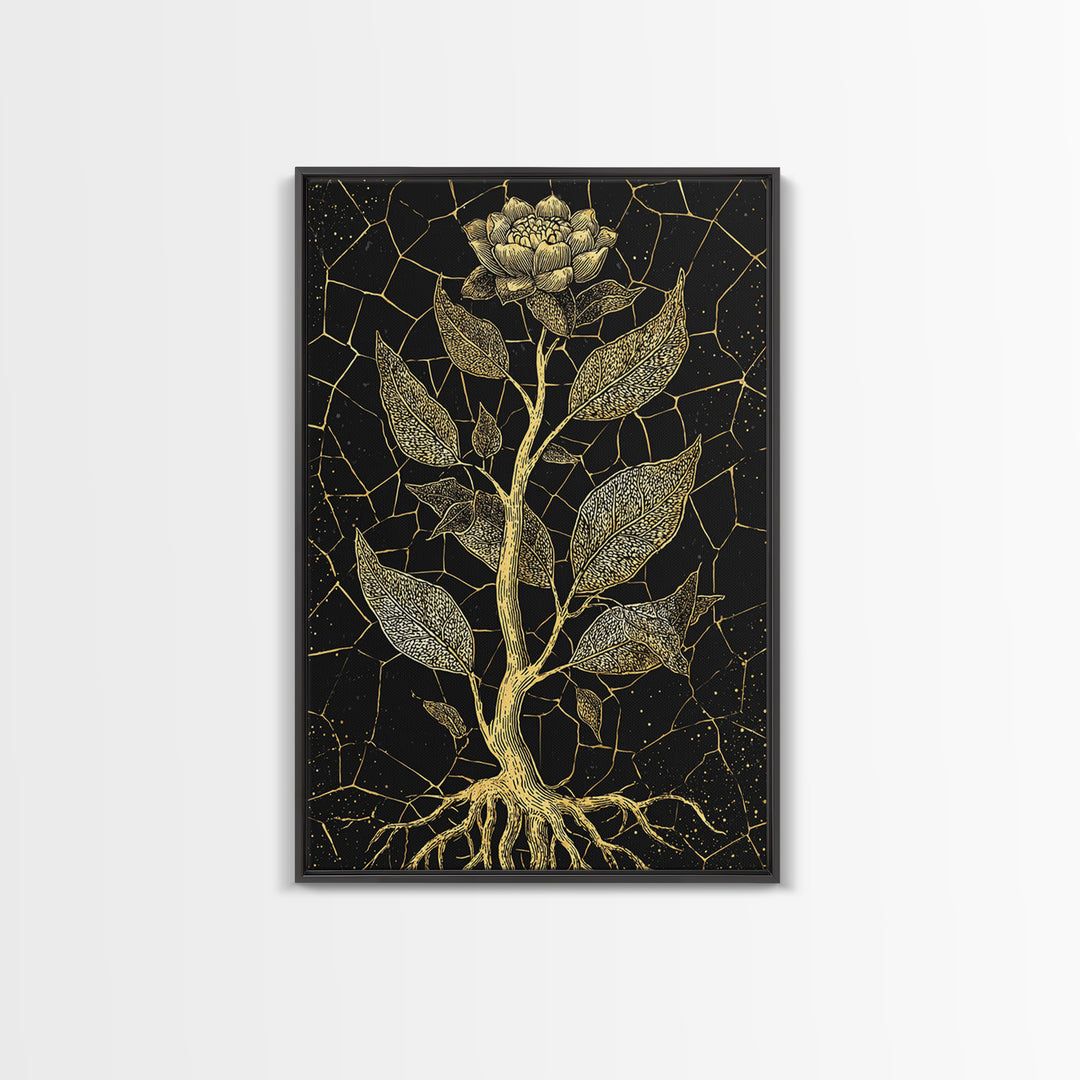 Gold Botanical Rose Canvas Print, Black And Gold Floral Line Art, Elegant Minimalist Wall Decor For Bedroom Home Decor Gift