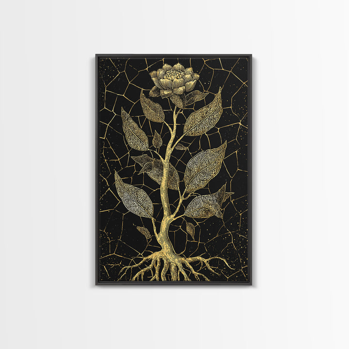 Gold Botanical Rose Canvas Print, Black And Gold Floral Line Art, Elegant Minimalist Wall Decor For Bedroom Home Decor Gift