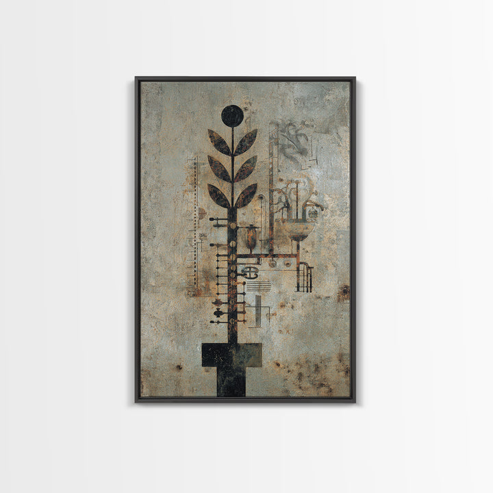 Rustic Industrial Botanical Wall Art, Abstract Plant Machinery Painting, Earth Tone Textured Art Print For Modern Office Decor
