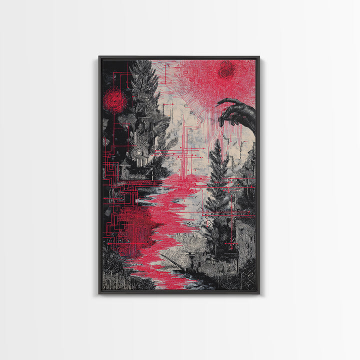 Surreal Red And Black Landscape Canvas Print, Mystical Abstract Art, Gothic Nature Scene Art For Bold Modern Wall Decor Gift