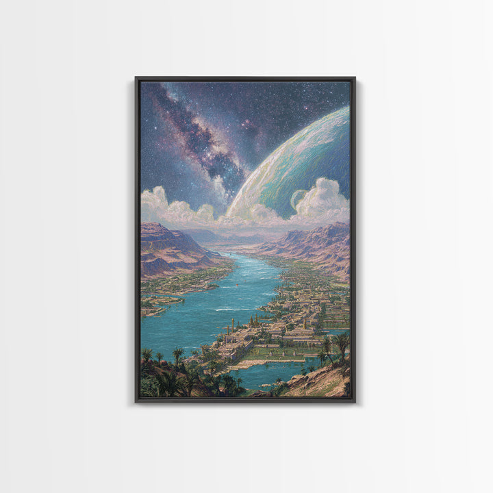 Cosmic River Valley Planet Canvas Print, Dreamy Sci Fi Landscape Art, Large Wall Art For Living Room Statement Decor And Gift