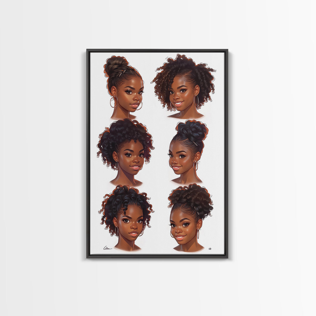 Six Black Women Hairstyle Portraits Wall Art, Afrocentric Beauty Print, Black Girl Magic Decor, Melanin Gift For Her, Home Decor