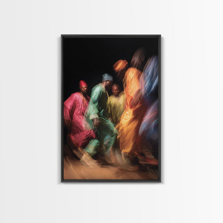 Colorful African Dancers In Flowing Robes Framed Canvas Print, Cultural Celebration Art, Vibrant Ethnic Wall Decor Gift Idea