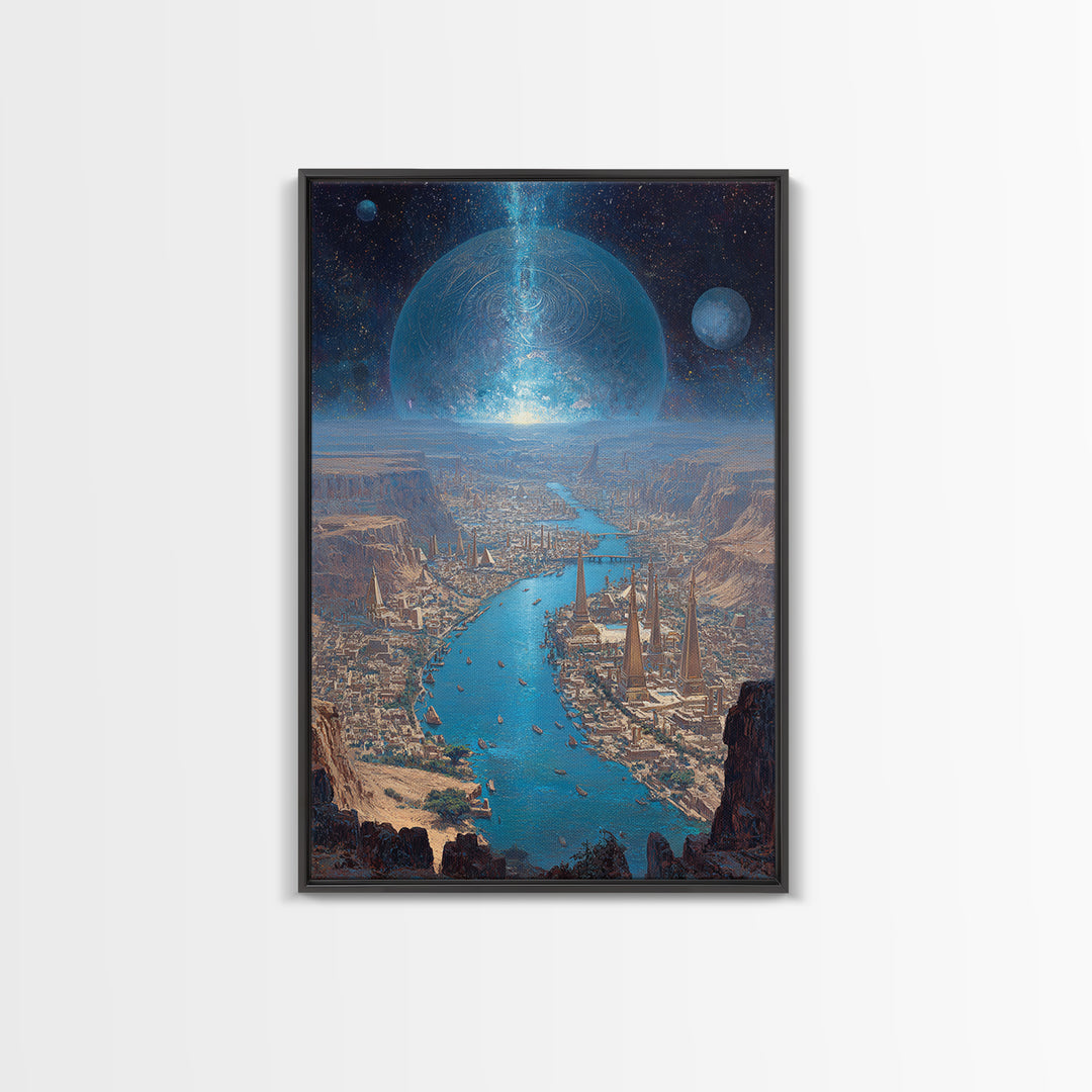 Afrofuturist Blue River City Under Planets Canvas Print, Sci Fi African Inspired Wall Art, Dreamy Landscape Home Decor Gift