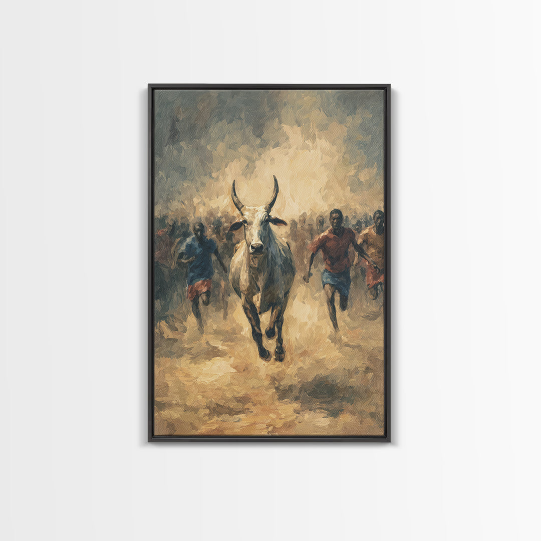 White Bull Racing Through Dust With Runners Framed Canvas Print, African Safari Art, Tribal Warrior Decor, Living Room Wall Art