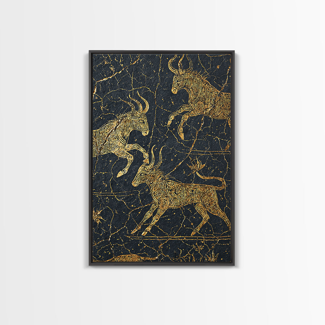 Gold Antelope Herd On Cracked Black Stone Canvas Print, African Animal Art, Tribal Line Drawing, Luxury Safari Wall Decor