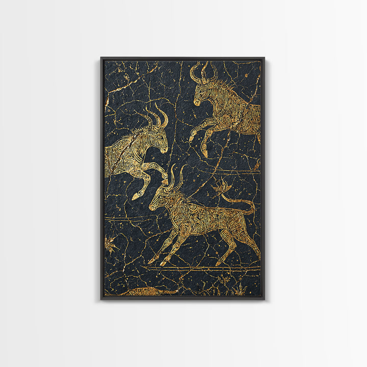 Gold Antelope Herd On Cracked Black Stone Canvas Print, African Animal Art, Tribal Line Drawing, Luxury Safari Wall Decor