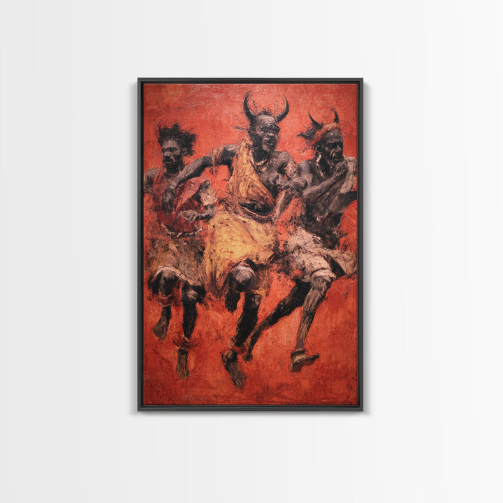 Red Ochre Tribal Dancers With Horned Masks Canvas Print, African Warrior Art, Cultural Wall Decor, Expressive Home Decor