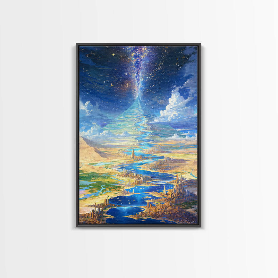 Celestial Pyramid City Beside Blue River Wall Art, African Egyptian Art, Afrofuturism Decor, Dreamy Spiritual Landscape Print