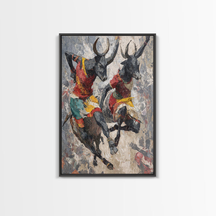 Colorful African Bull Riders Wall Art, Abstract African Art Print, Tribal Safari Decor, Cultural Living Room Canvas Gift