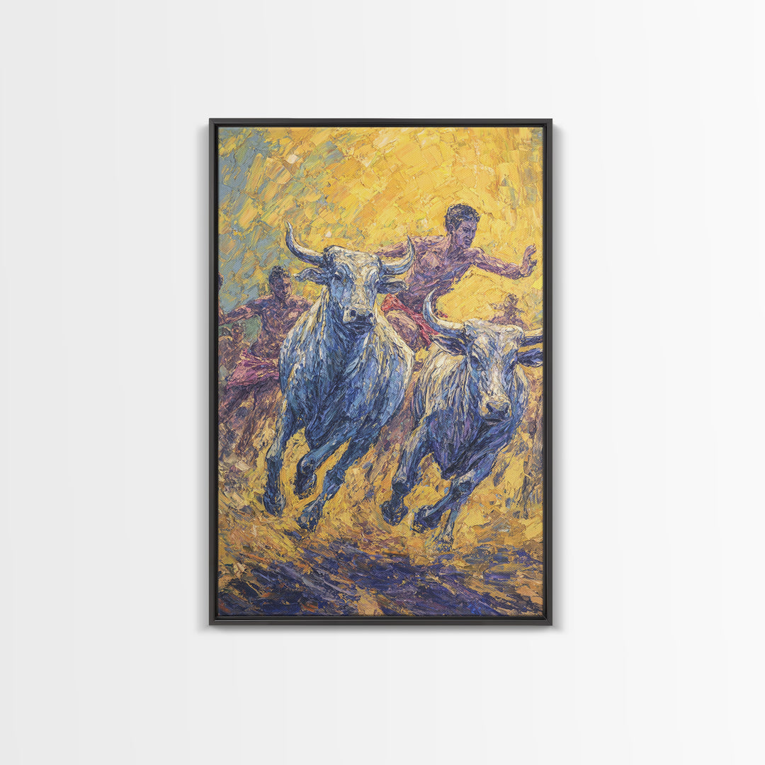Charging Blue Bulls And Riders Canvas Print, Modern African Art, Warrior Safari Decor, Bold Cultural Wall Decor Gift For Him