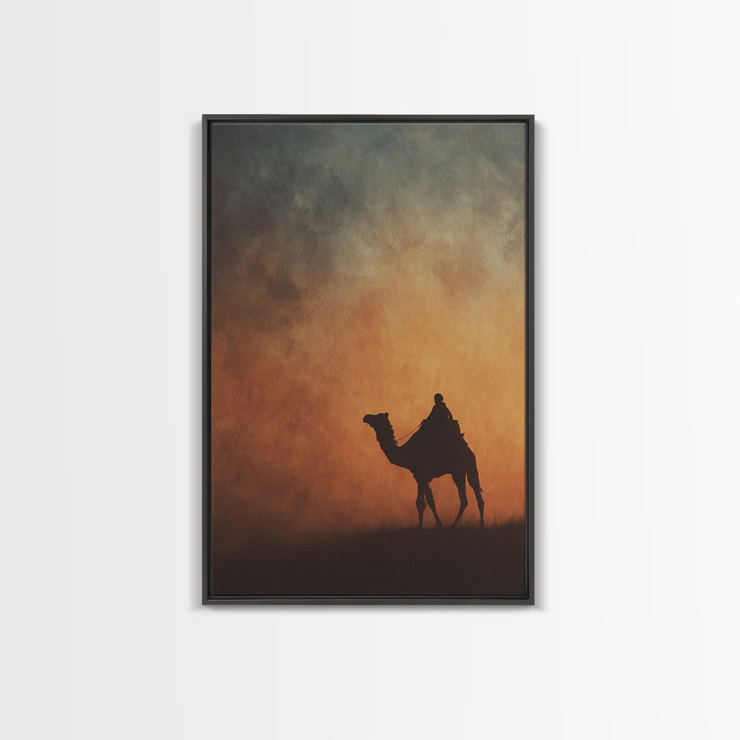 Solitary Camel Rider Wall Art, African Desert Sunset, Boho Safari Art Print, Earth Tone Bedroom Decor, Housewarming Gift