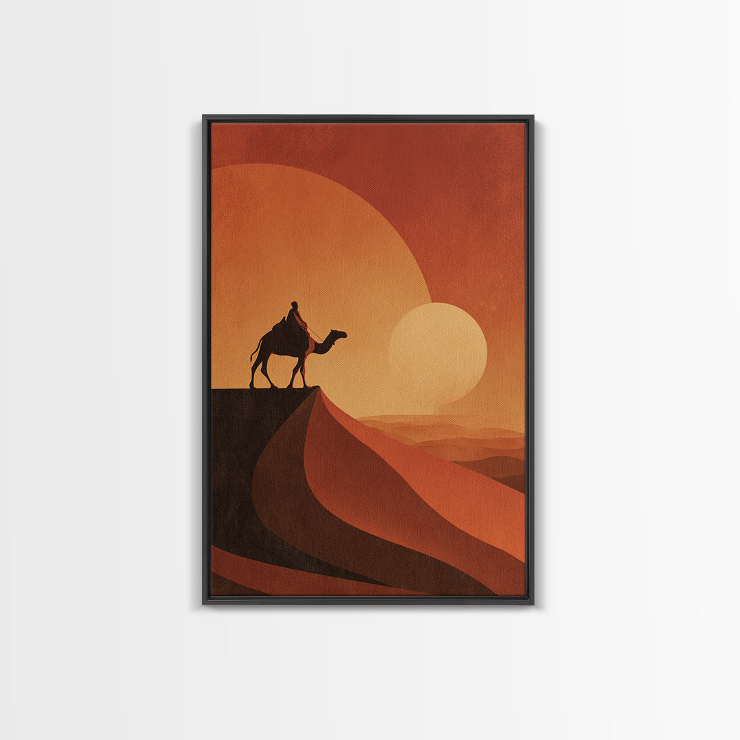 Minimalist Camel Rider Canvas Print, Orange Desert Sun Wall Art, African Travel Poster, Boho Home Decor, Unique Gift Idea