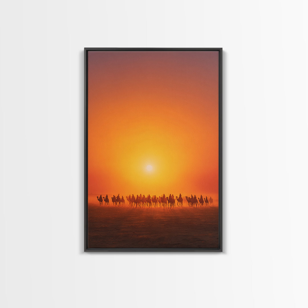 Sunset Camel Caravan Wall Art, African Safari Art, Orange Desert Landscape Poster, Statement Living Room Decor Gift For Him