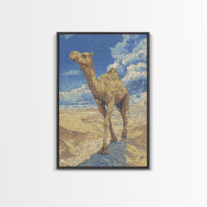 Detailed Camel Portrait Canvas Print, African Desert Landscape, Blue Gold Safari Art, Textured Art Print, Unique Wall Decor