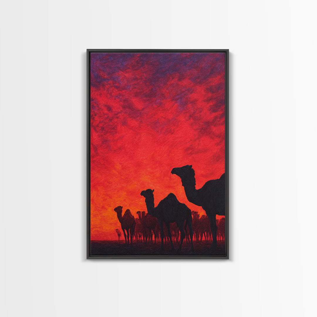 Fiery Red Camel Herd Wall Art, African Safari Art Print, Desert Sunset Poster, Bold Orange Home Decor, Statement Gift Set