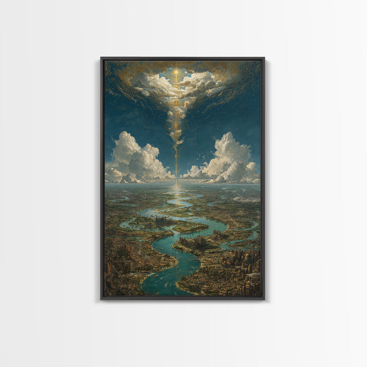 Celestial River City Under Radiant Clouds Wall Art, Dreamy Landscape Canvas Print, Spiritual Sky Decor, Large Home Art Gift