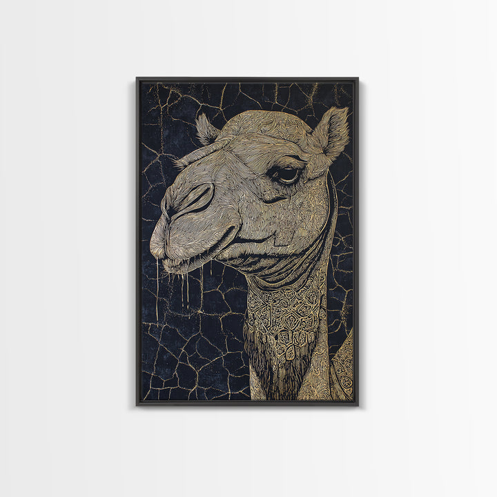 Intricate Gold Camel Portrait Canvas Print, African Safari Wall Art, Black And Gold Animal Art, Boho Desert Home Decor Gift