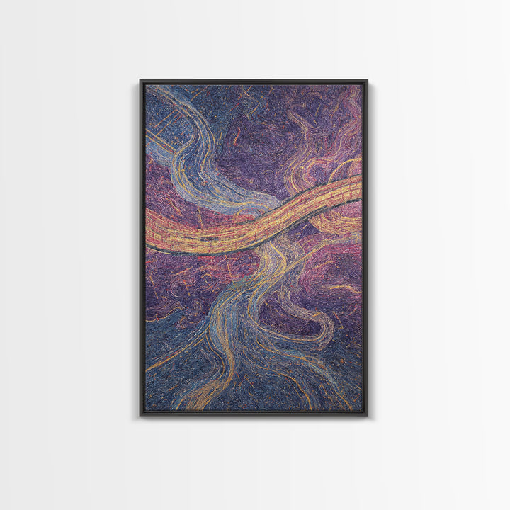 Flowing Purple Gold Abstract River Canvas Print, Textile Style Wall Art, Colorful Modern Decor, Boho Living Room Art Gift