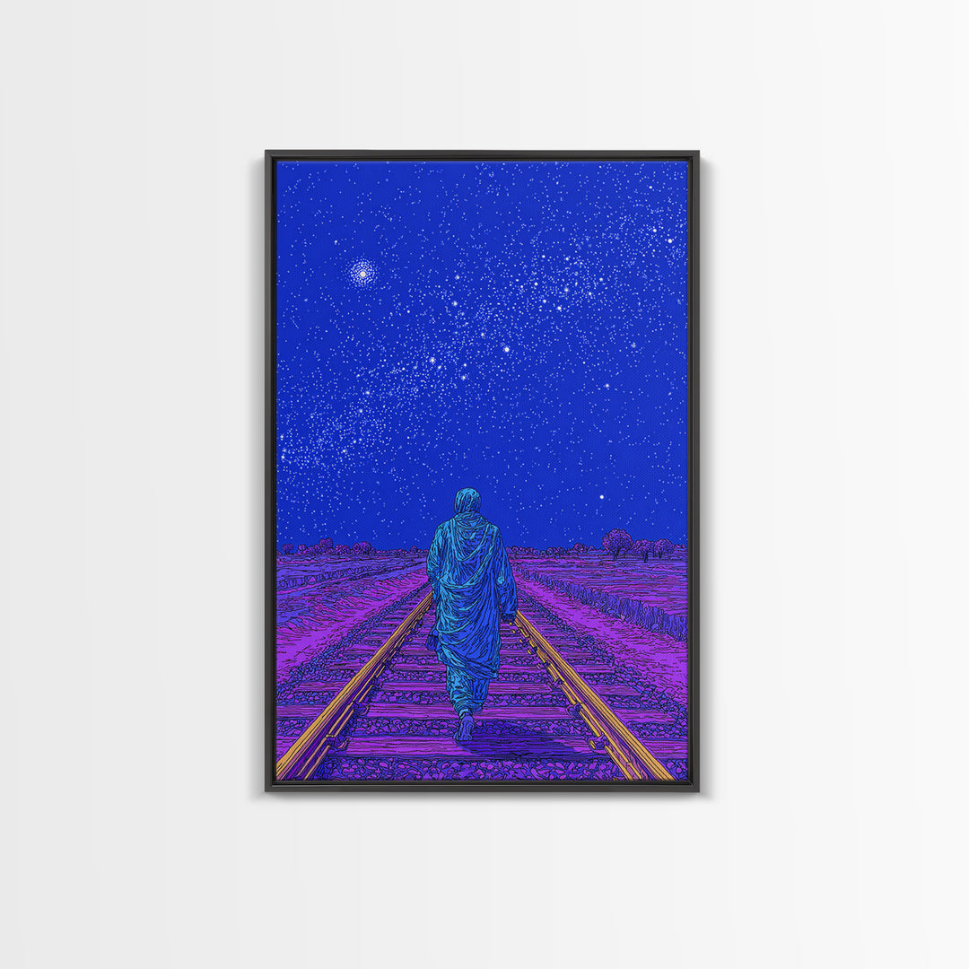 Lone Traveler On Neon Railroad Under Starry Sky Wall Art, Afrofuturism Canvas Print, Mystical Journey Decor, Blue Poster
