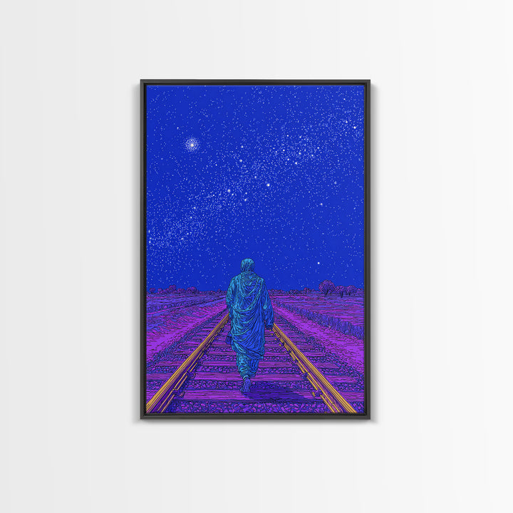 Lone Traveler On Neon Railroad Under Starry Sky Wall Art, Afrofuturism Canvas Print, Mystical Journey Decor, Blue Poster