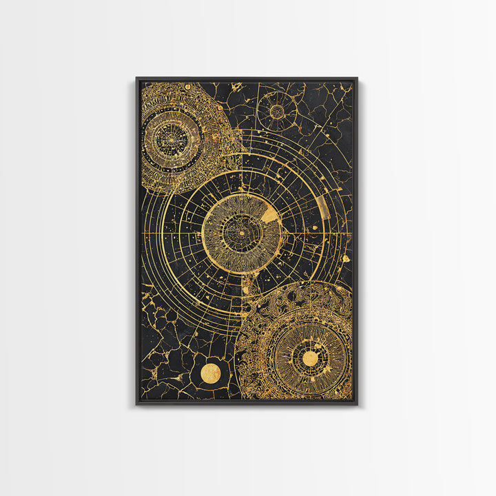 Gold Astronomical Circles On Black Stone Wall Art, Celestial Abstract Canvas Print, Luxury Geometric Decor, Modern Office Art