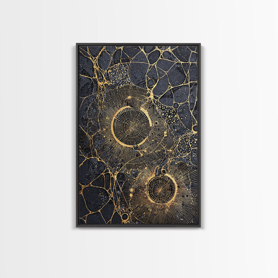 Black Gold Cellular Circles Abstract Wall Art, Textured Celestial Canvas Print, Luxury Modern Decor, Statement Office Art